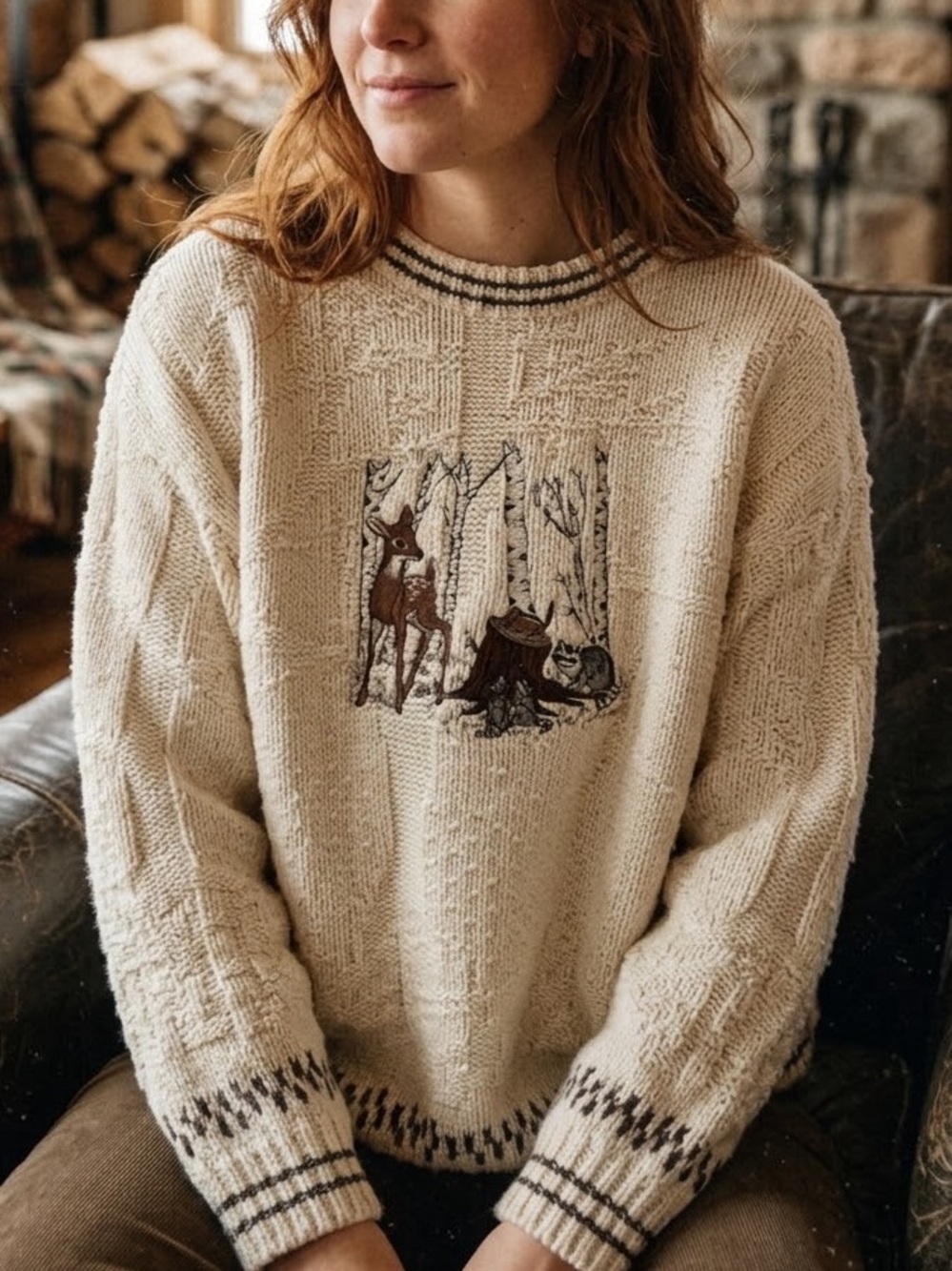 Vintage Jantzen Crewneck Knit Sweater Embroidered Forrest Animals Size L